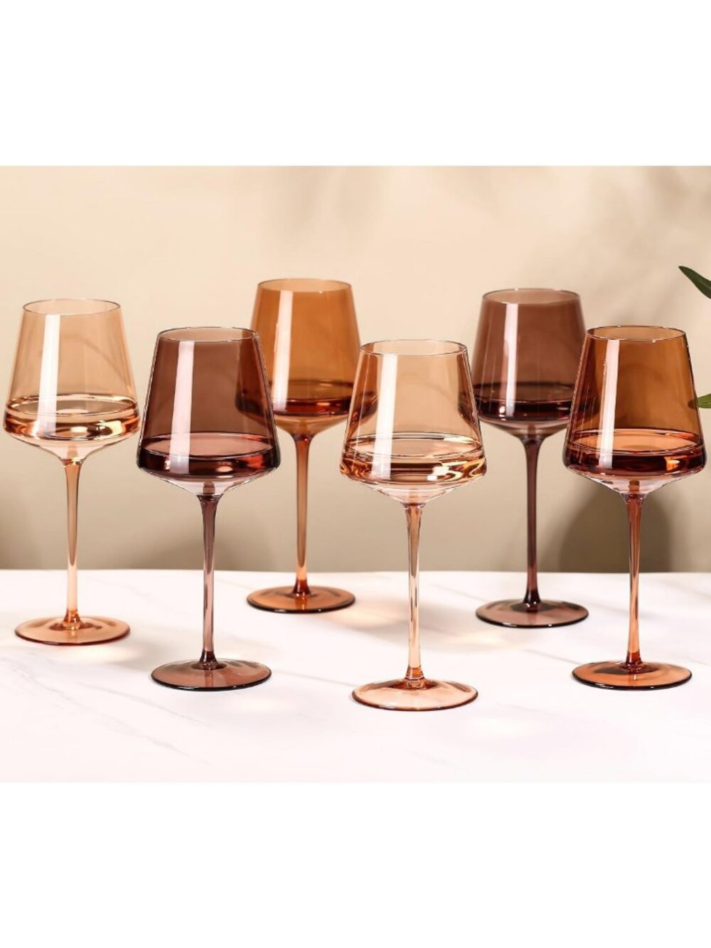 Elegant Hand Blown Brown Wine Glasses Set of 6 - 18oz Amber Stemmed for Fall